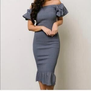 Baltic Born dress small S blue smocked midi fitted puff sleeve wedding guest